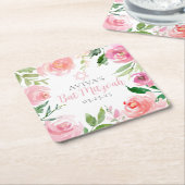 Elegant Bat Mitzvah Party Personalized Pink Floral スクエアペーパーコースター (アングル)