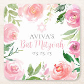 Elegant Bat Mitzvah Party Personalized Pink Floral スクエアペーパーコースター (正面)
