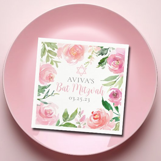 Elegant Bat Mitzvah Party Personalized Pink Floral スタンダードカクテルナプキン