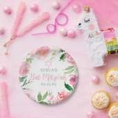 Elegant Bat Mitzvah Party Personalized Pink Floral ペーパープレート (パーティー)