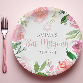 Elegant Bat Mitzvah Party Personalized Pink Floral ペーパープレート