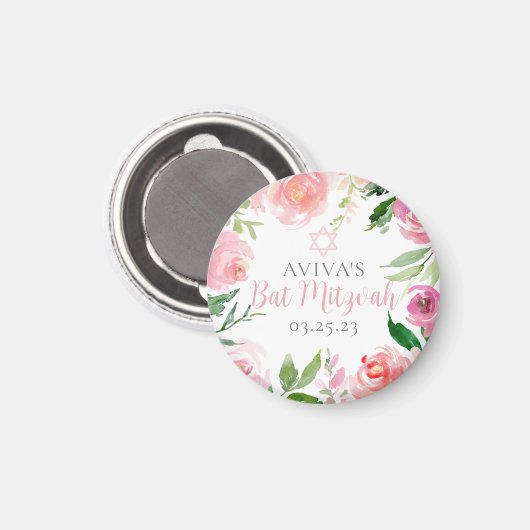 Elegant Bat Mitzvah Party Personalized Pink Floral マグネット (正面/裏面)