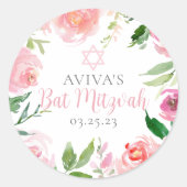 Elegant Bat Mitzvah Party Personalized Pink Floral ラウンドシール (正面)