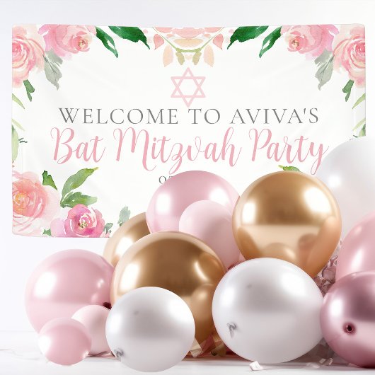 Elegant Bat Mitzvah Party Personalized Pink Floral 横断幕