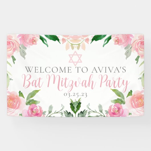 Elegant Bat Mitzvah Party Personalized Pink Floral 横断幕 (横)