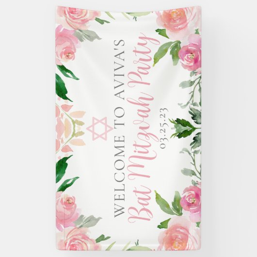 Elegant Bat Mitzvah Party Personalized Pink Floral 横断幕 (縦)