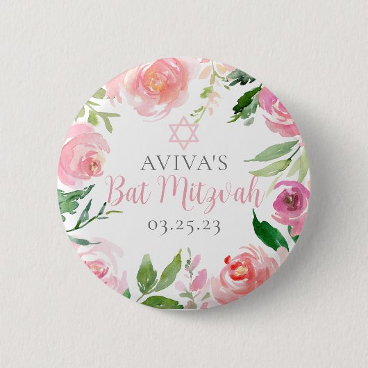 Elegant Bat Mitzvah Party Personalized Pink Floral 缶バッジ (正面)