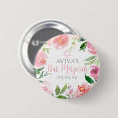 Elegant Bat Mitzvah Party Personalized Pink Floral 缶バッジ (正面&裏面)