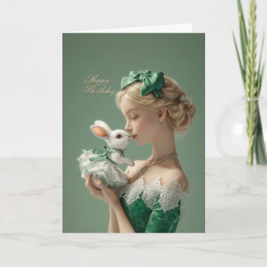 Elegant BDay Card with Lady & White Bunny in Lace カード (正面)