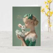 Elegant BDay Card with Lady & White Bunny in Lace カード (黄色い花)