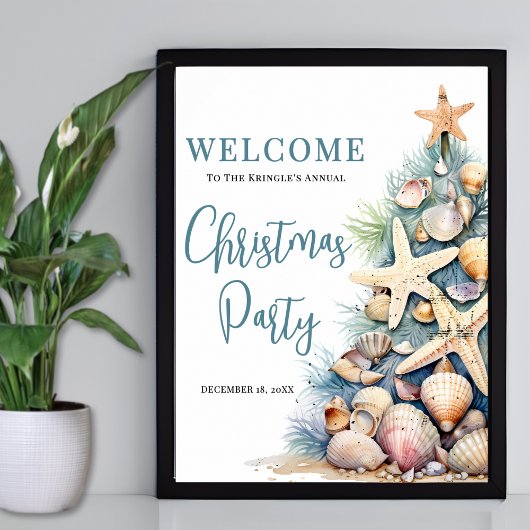 Elegant Beach Christmas Party Welcome Sign ポスター