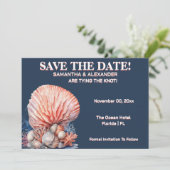 Elegant Beach Coral Wedding Invitation Blue 招待状 (スタンド正面)