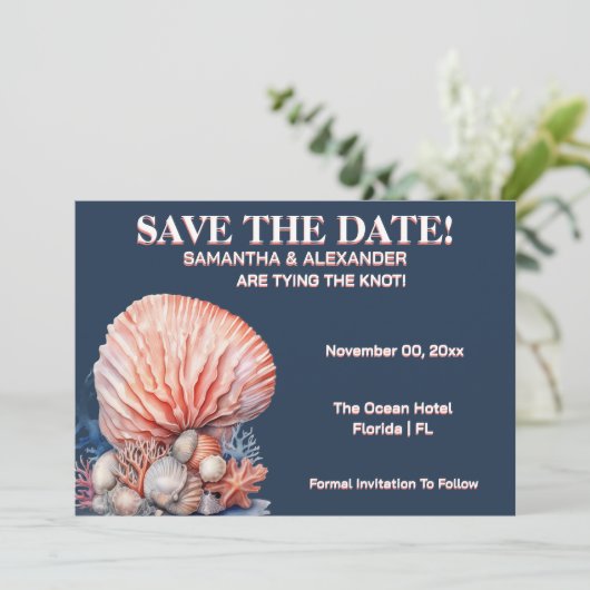 Elegant Beach Coral Wedding Invitation Blue 招待状 (スタンド正面)