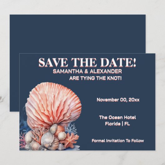 Elegant Beach Coral Wedding Invitation Blue 招待状 (正面/裏面)