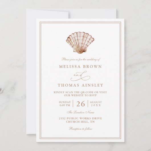 Elegant Beach Simple Minimalist QR Code Wedding 招待状 (正面)