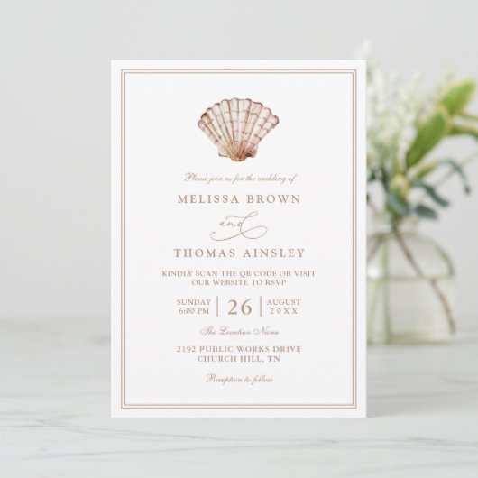 Elegant Beach Simple Minimalist QR Code Wedding 招待状 (スタンド正面)