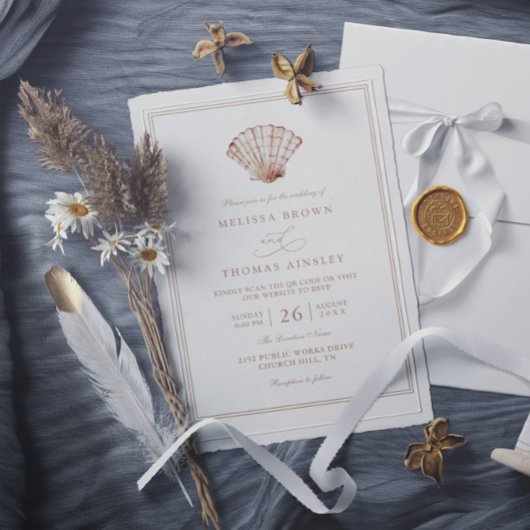 Elegant Beach Simple Minimalist QR Code Wedding 招待状