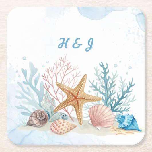 Elegant Beach-themed Coastal Wedding スクエアペーパーコースター (正面)