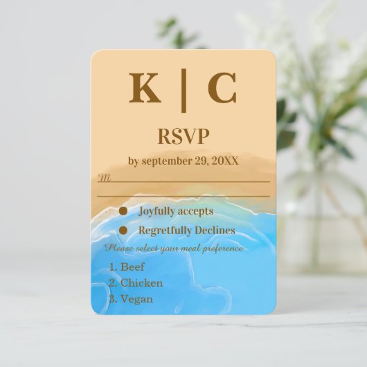 Elegant Beach Watercolor wedding rsvp card (スタンド正面)