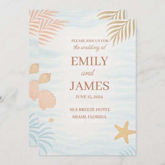 Elegant Beach Wedding Invitation, Pastel Coral  招待状 (正面/裏面)