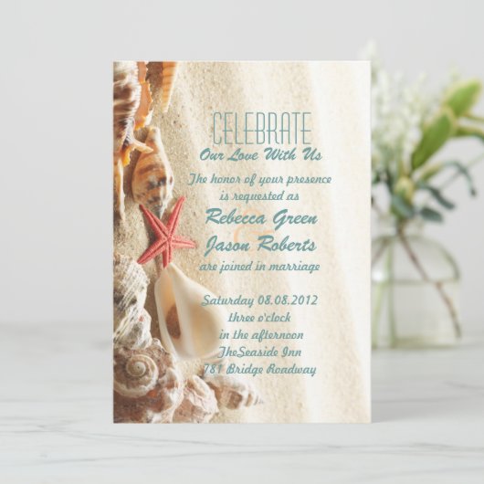 elegant beach wedding with ocean sand and seashell 招待状 (スタンド正面)