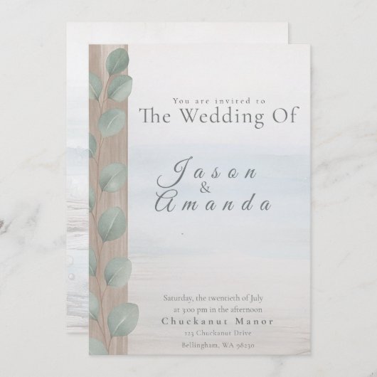 Elegant Beach with Soft Blue Wash  招待状 (正面/裏面)