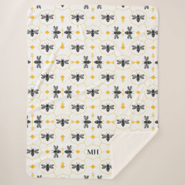 Elegant Bee Pattern Yellow Modern Black Monogram シェルパブランケット