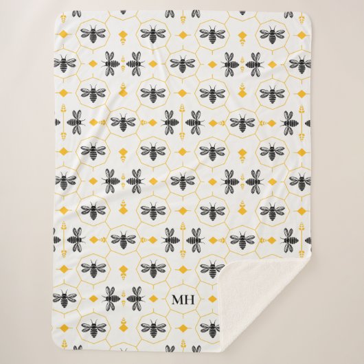 Elegant Bee Pattern Yellow Modern Black Monogram シェルパブランケット (正面)