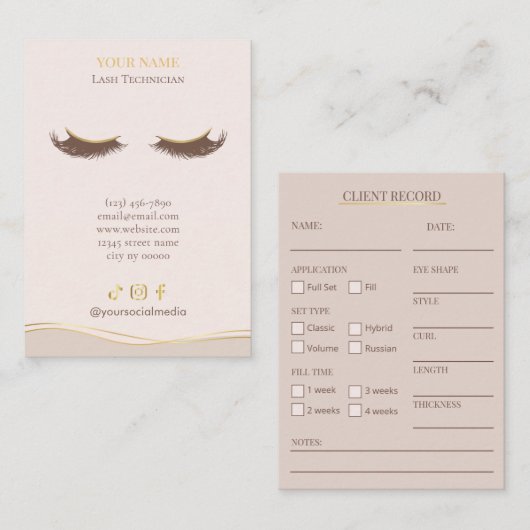 Elegant Beige and gold Lash Client Record Form 名刺 (正面/裏面)
