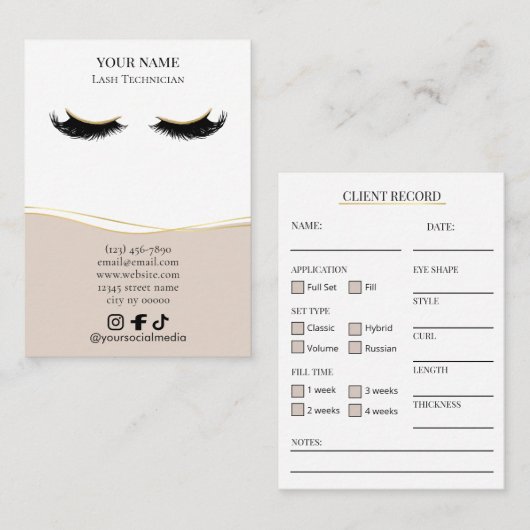 Elegant Beige and gold Lash Client Record Form 名刺 (正面/裏面)