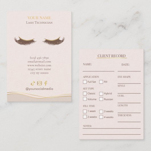 Elegant Beige and gold Lash Client Record Form 名刺 (正面/裏面)