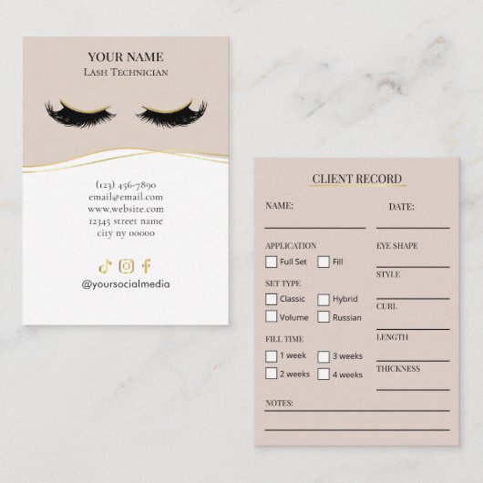 Elegant Beige and gold Lash Client Record Form 名刺 (正面/裏面)