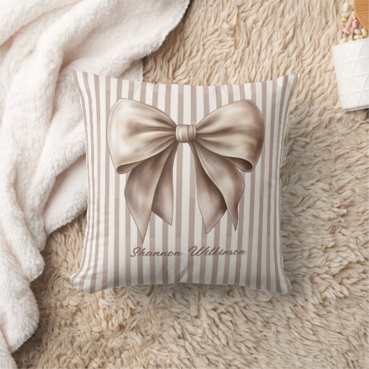 Elegant Beige Bow Striped Design Throw Pillow クッション (ブランケット)