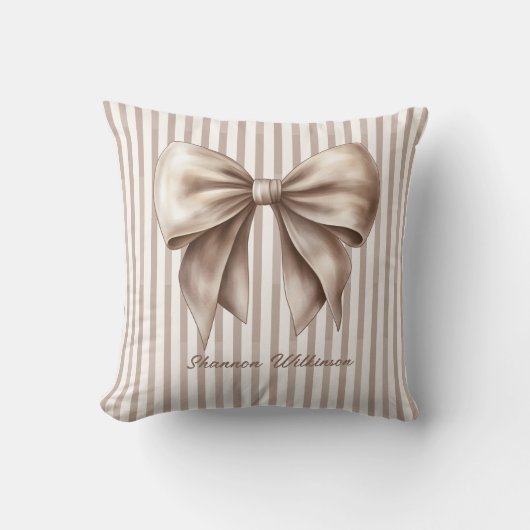 Elegant Beige Bow Striped Design Throw Pillow クッション (正面)