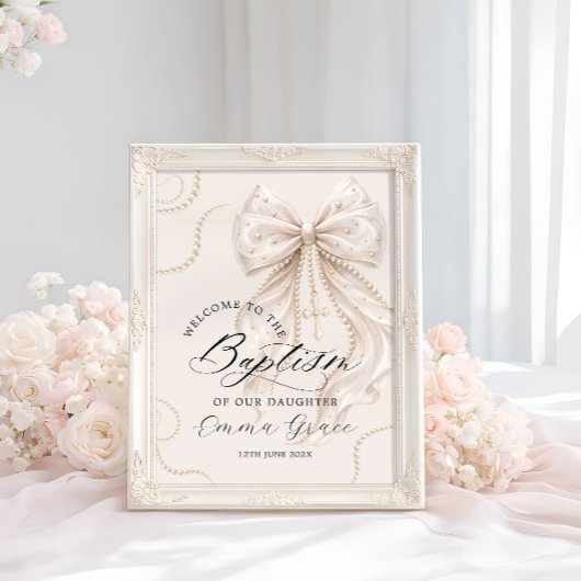 Elegant Beige Bow with Pearl Baptism Welcome ポスター