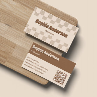 Elegant Beige & Brown Checkerboard with QR Code 名刺