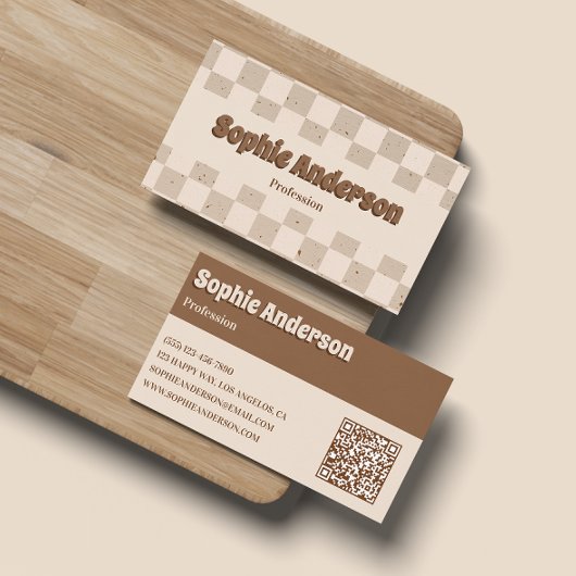 Elegant Beige & Brown Checkerboard with QR Code 名刺