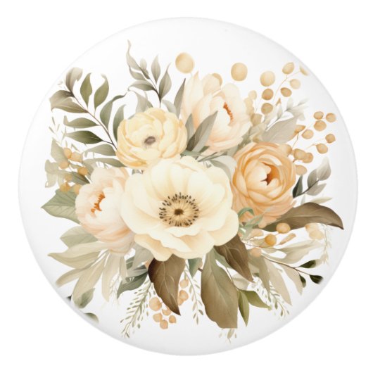 Elegant Beige Brown Flowers Floral Ceramic Knob セラミックノブ (正面)