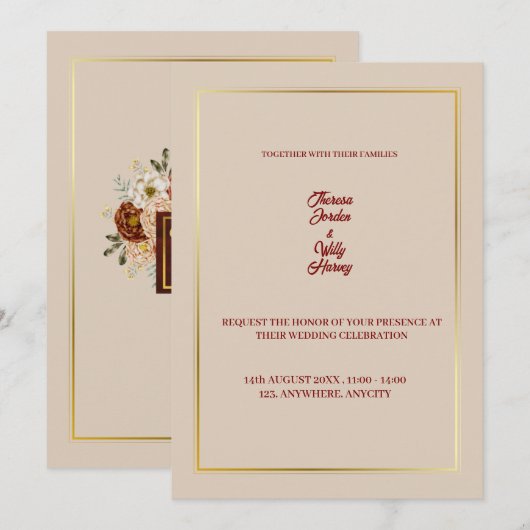 Elegant Beige & Burgundy Floral Wedding Invitation 招待状 (正面/裏面)