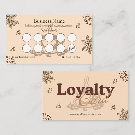 Elegant Beige Coffee Loyalty Card Design ロイヤリティカード (正面/裏面)