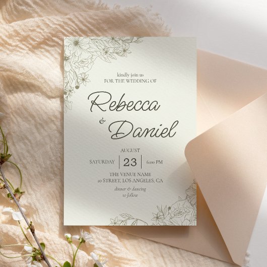 Elegant Beige Floral Minimalist Script Wedding 招待状