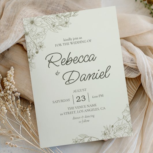 Elegant Beige Floral Minimalist Script Wedding 招待状