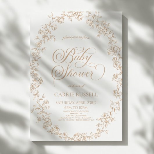 Elegant Beige Floral Roses Line Art Baby Shower 招待状