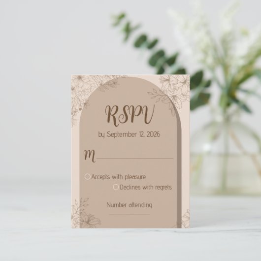 Elegant Beige Floral Wedding RSPV card 出欠カード (スタンド正面)