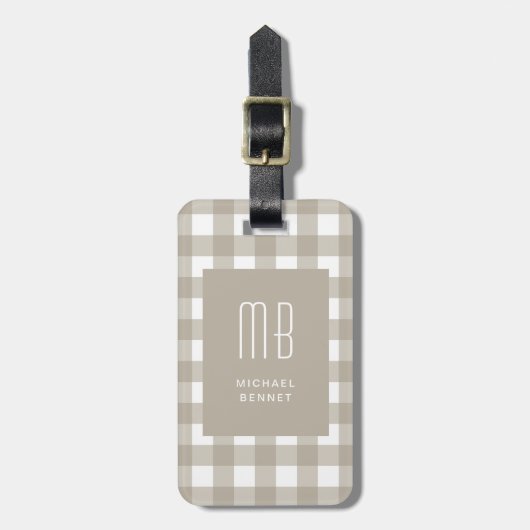 Elegant Beige Gingham Monogram ラゲッジタグ (正面縦)