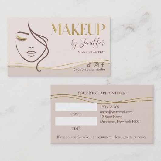 Elegant Beige & Gold Makeup Artist appointment 予約カード (正面/裏面)