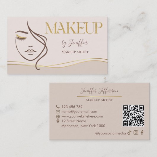Elegant Beige & Gold Makeup Artist Bussines card 名刺 (正面/裏面)