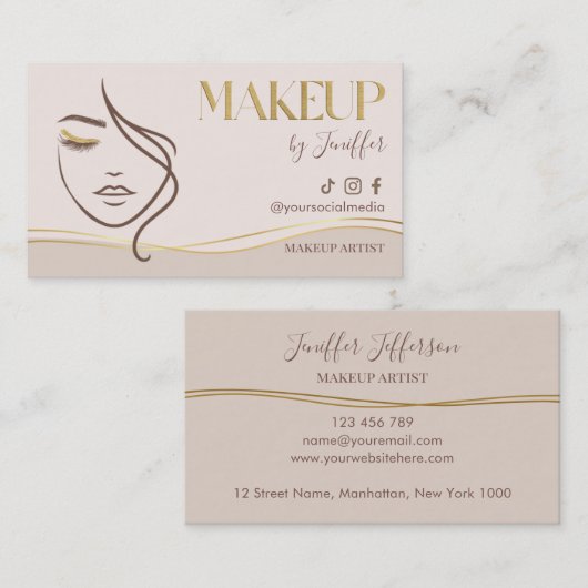 Elegant Beige & Gold Makeup Artist Bussines card 名刺 (正面/裏面)