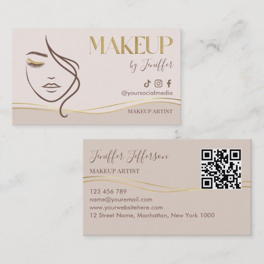 Elegant Beige & Gold Makeup Artist Bussines card 名刺 (正面/裏面)