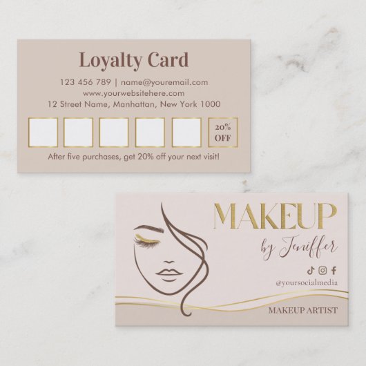Elegant Beige & Gold Makeup Artist Loyalty ロイヤリティカード (正面/裏面)